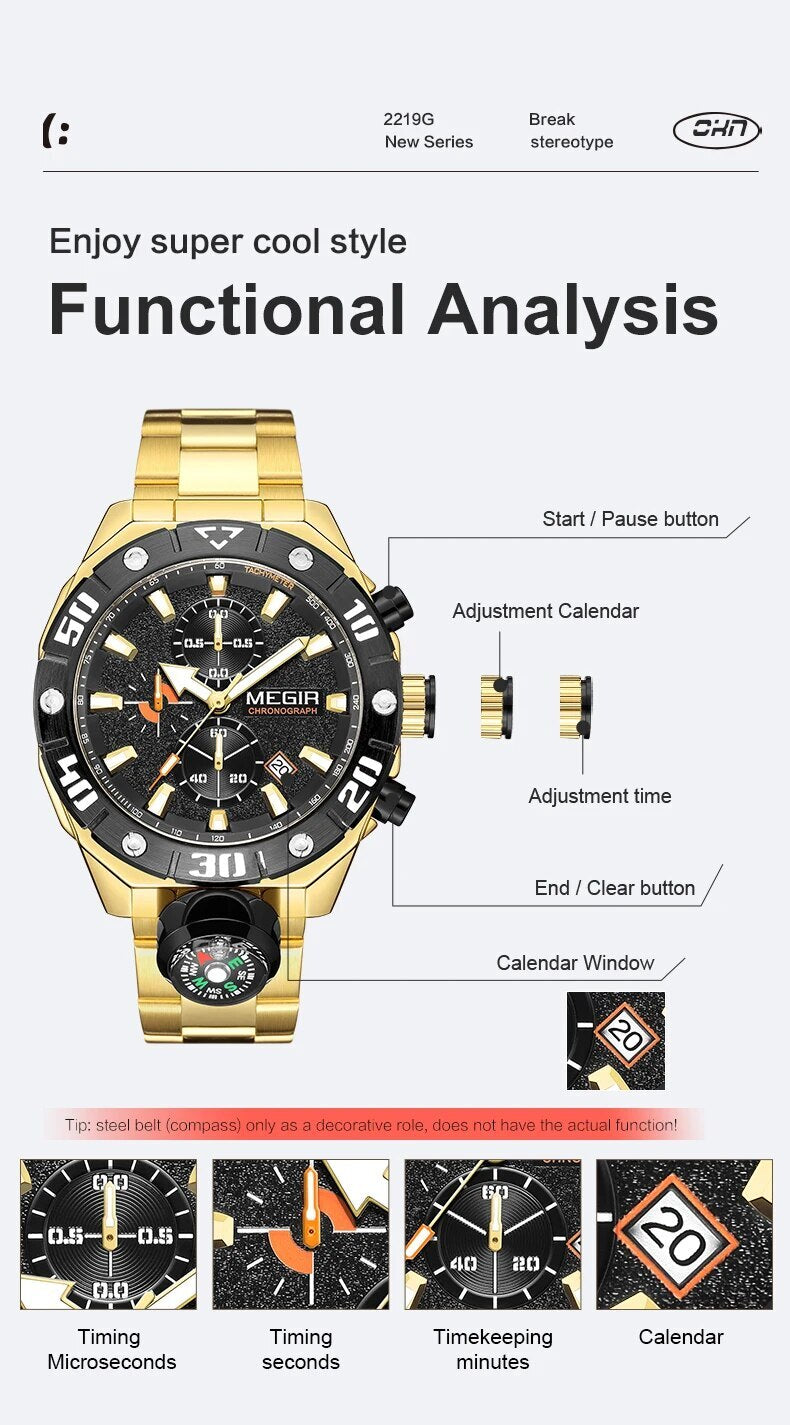 Men  Watch Top Brand Luxury Business Quartz Watches Chronograph Stainless Steel Calendar Luminous Clock WristWatch Montre Homme 2219