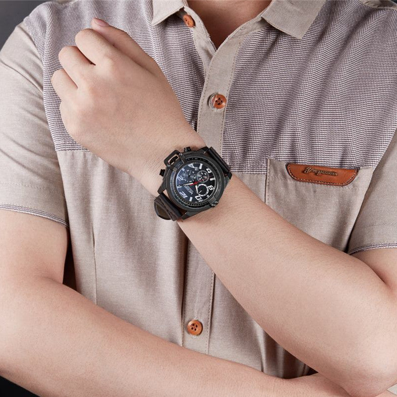 Men Watches Leather Strap Sport Watch Chronograph Waterproof Quartz Wristwatch Clock Relogio Masculino 2052
