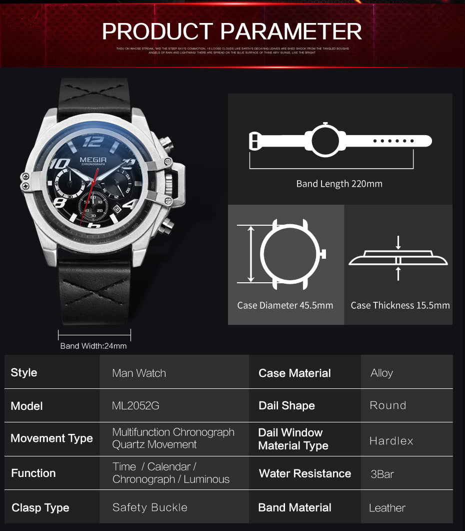 Men Watches Leather Strap Sport Watch Chronograph Waterproof Quartz Wristwatch Clock Relogio Masculino 2052