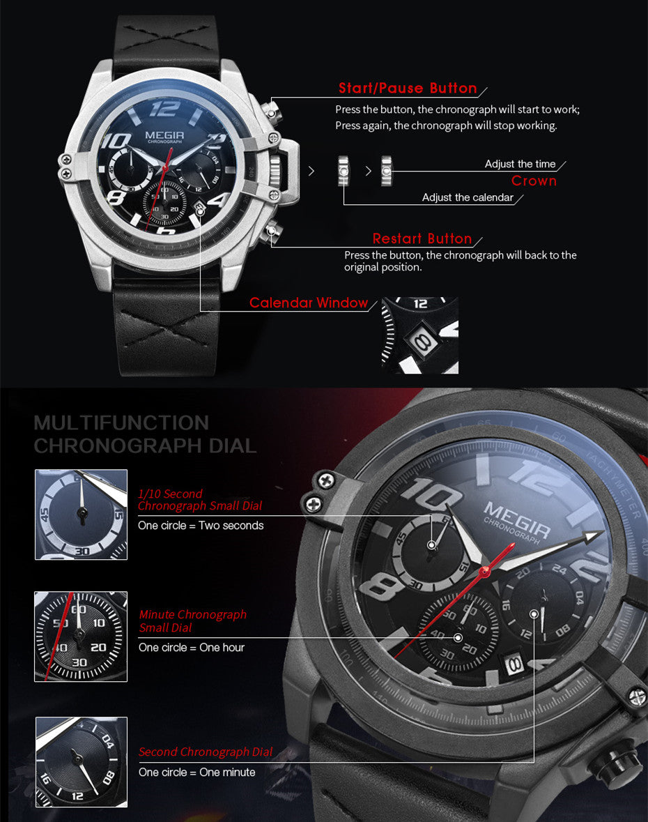 Men Watches Leather Strap Sport Watch Chronograph Waterproof Quartz Wristwatch Clock Relogio Masculino 2052