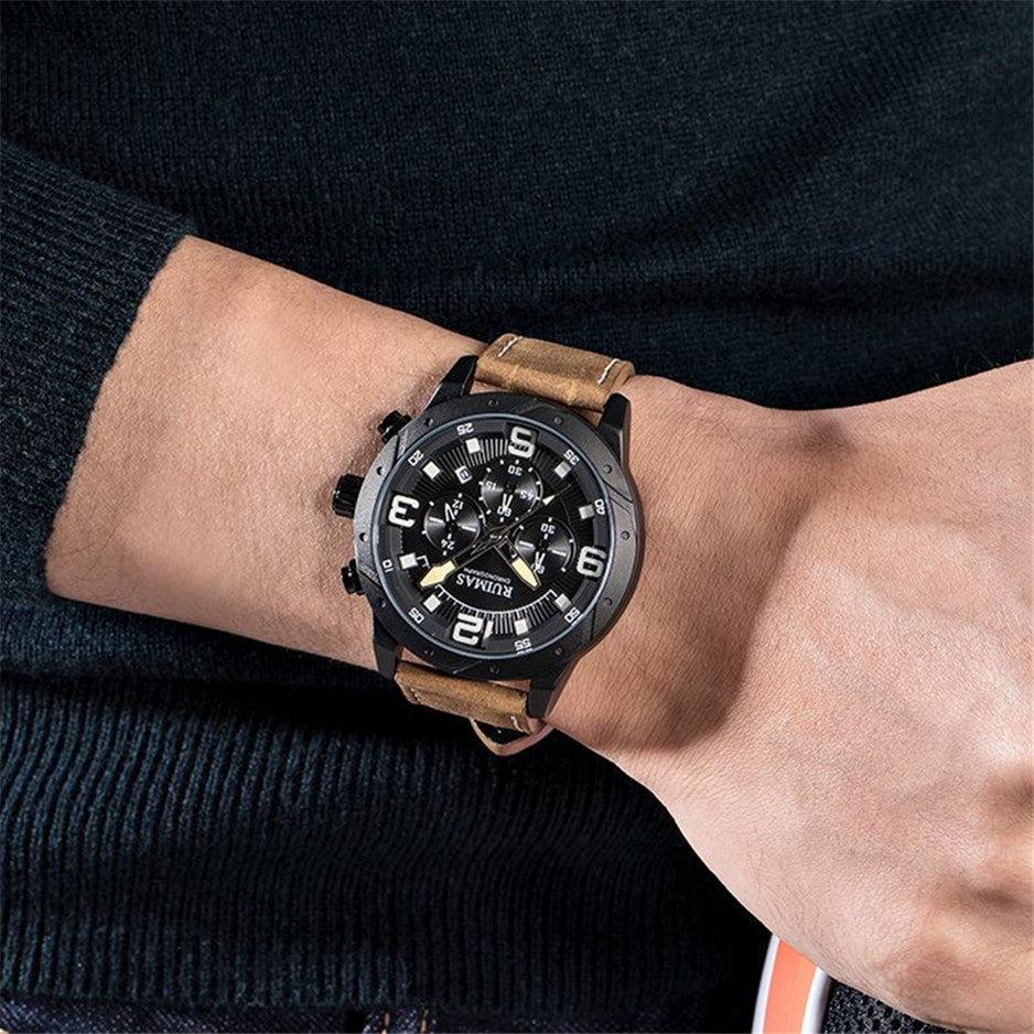 Men Quartz Watch Leather Sport Military Wristwatch Waterproof Clock with Auto Date 595