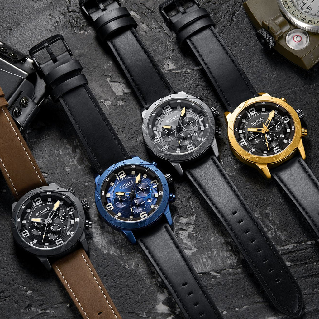 Men Quartz Watch Leather Sport Military Wristwatch Waterproof Clock with Auto Date 595