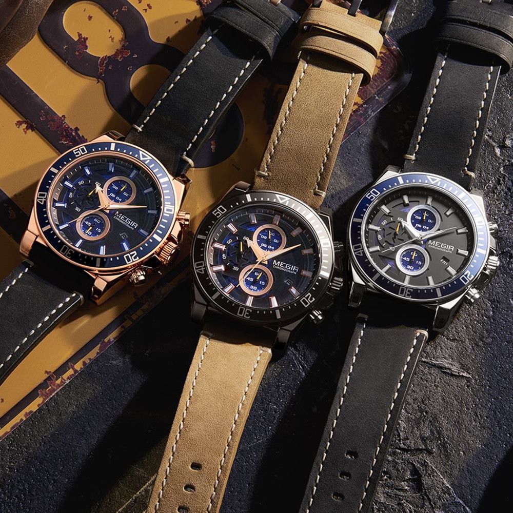 Fashion Watches for Men Leather Strap Sport Military Wristwatch Man Quartz Watch Waterproof Chronograph with Calendar 2132