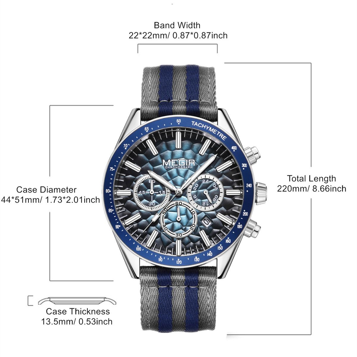 Men's Sport Chronograph Watch, Outdoor Casual Quartz Wristwatch, 3ATM Water Resistance, Striped Canvas Band, Date Display 8121
