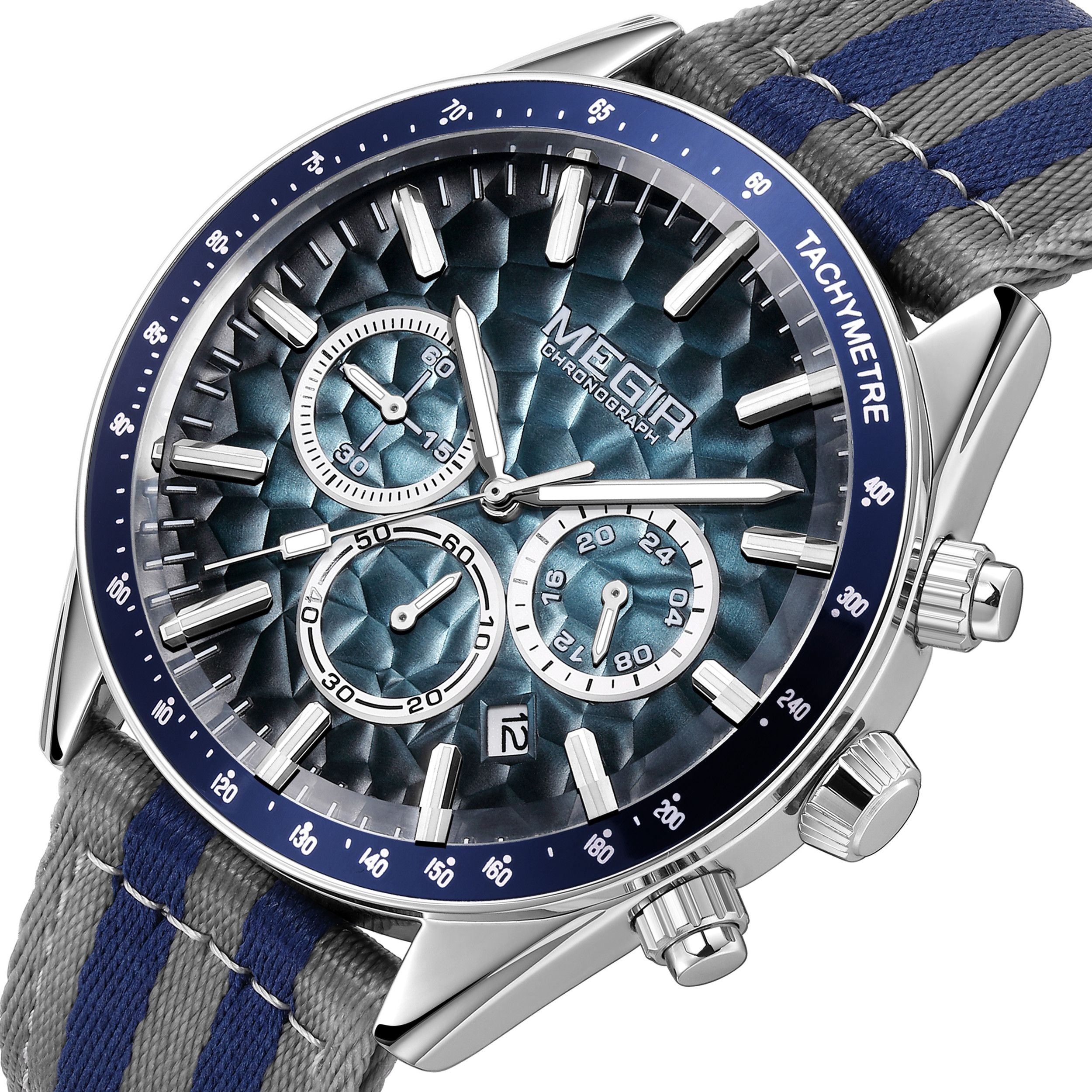 Men's Sport Chronograph Watch, Outdoor Casual Quartz Wristwatch, 3ATM Water Resistance, Striped Canvas Band, Date Display 8121