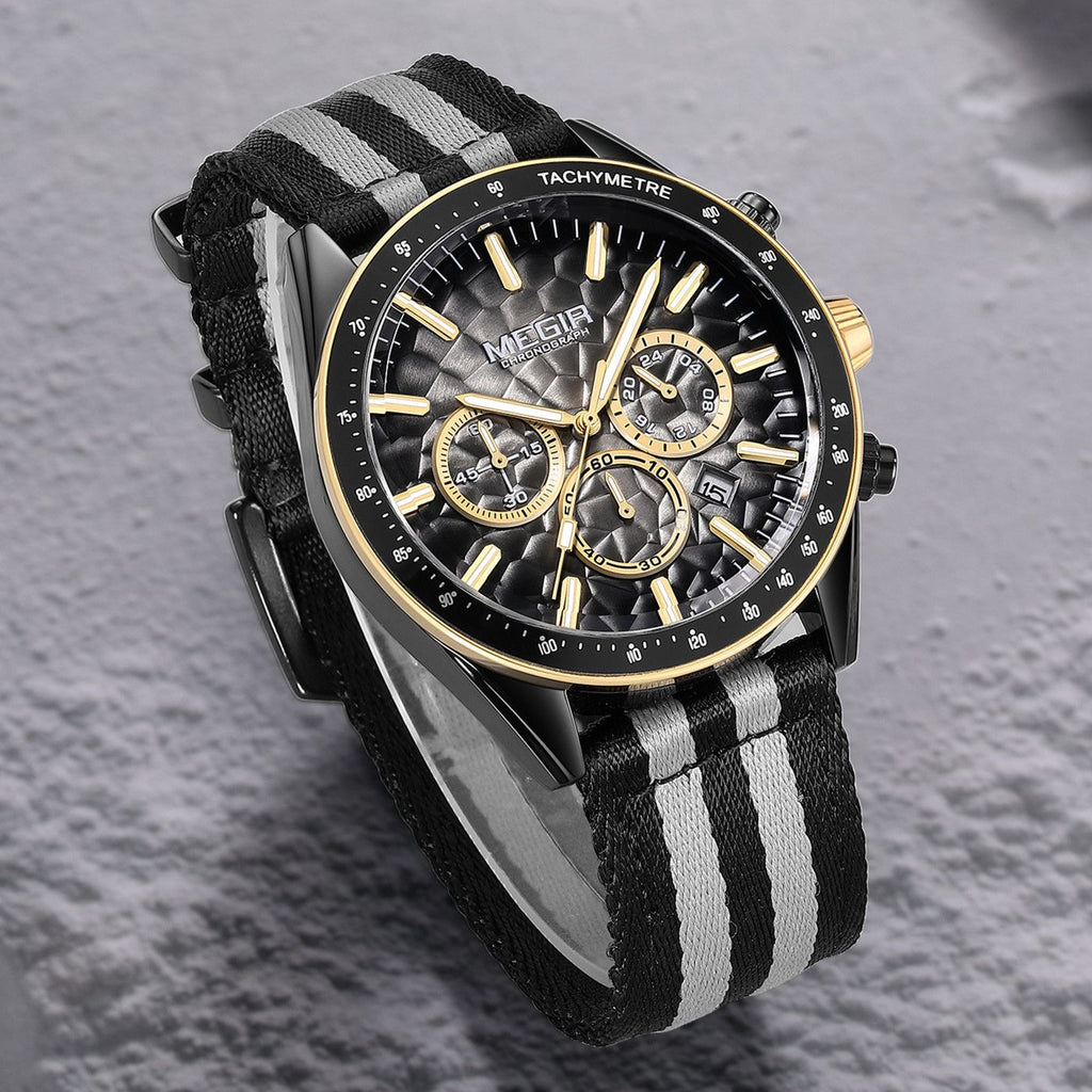 Men's Sport Chronograph Watch, Outdoor Casual Quartz Wristwatch, 3ATM Water Resistance, Striped Canvas Band, Date Display 8121