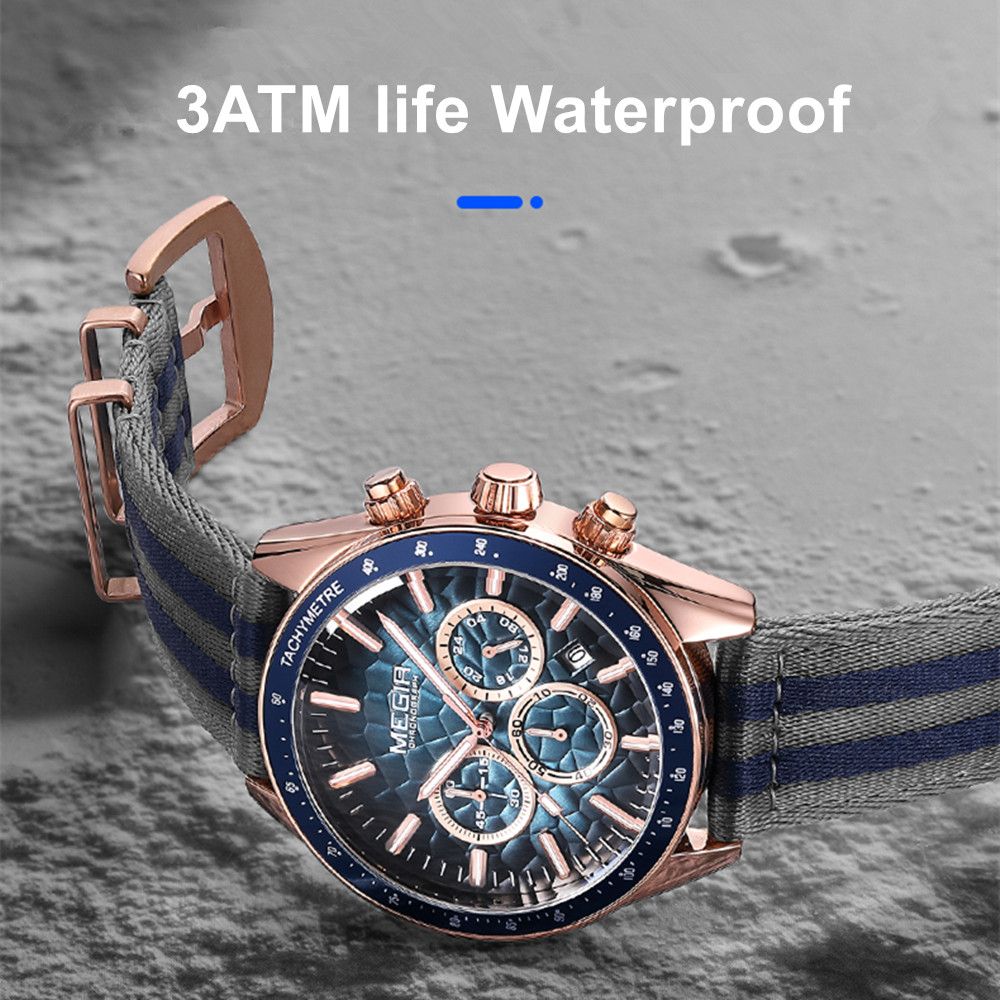Men's Sport Chronograph Watch, Outdoor Casual Quartz Wristwatch, 3ATM Water Resistance, Striped Canvas Band, Date Display 8121