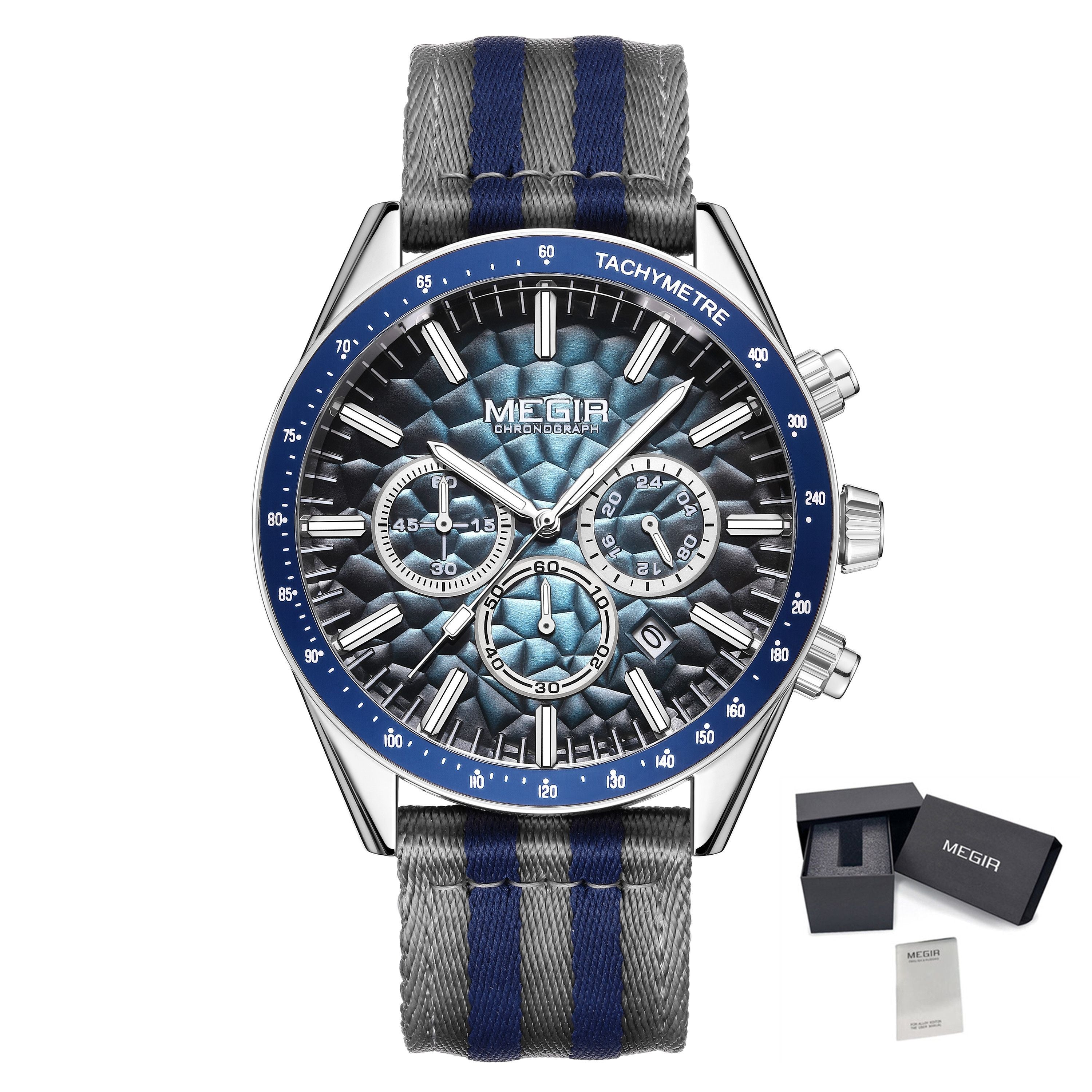 Men's Sport Chronograph Watch, Outdoor Casual Quartz Wristwatch, 3ATM Water Resistance, Striped Canvas Band, Date Display 8121