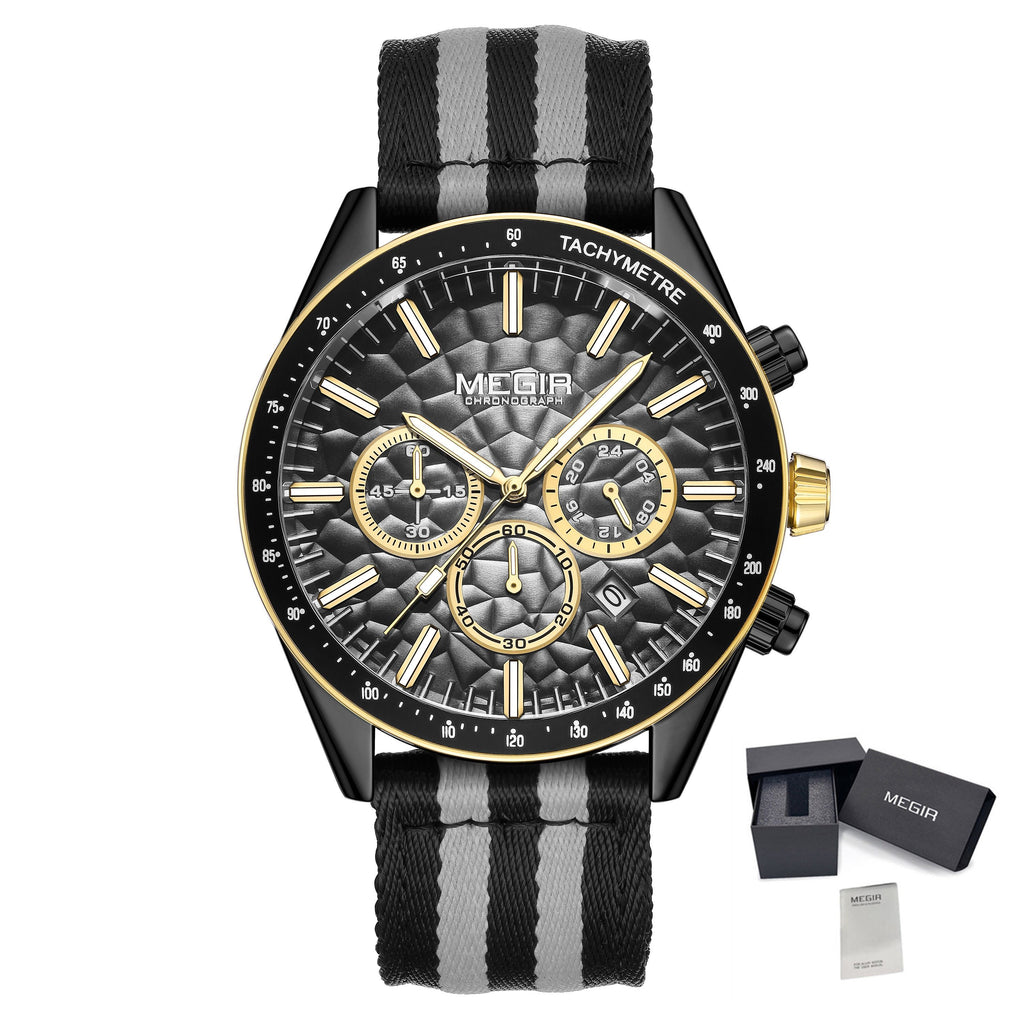 Men's Sport Chronograph Watch, Outdoor Casual Quartz Wristwatch, 3ATM Water Resistance, Striped Canvas Band, Date Display 8121