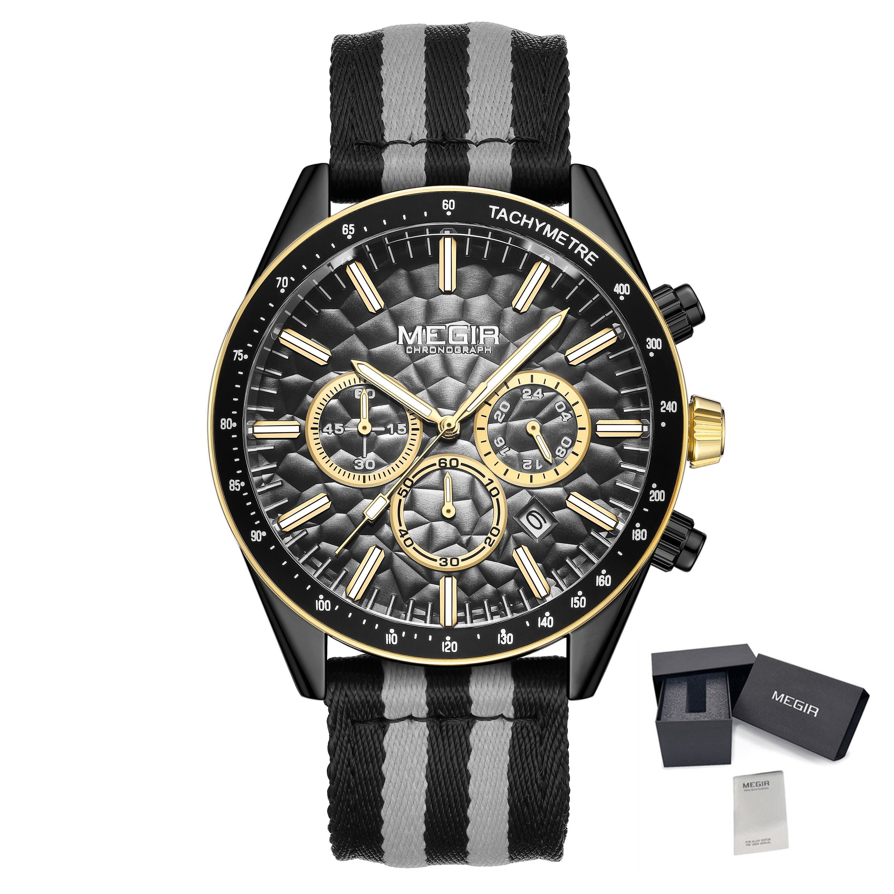Men's Sport Chronograph Watch, Outdoor Casual Quartz Wristwatch, 3ATM Water Resistance, Striped Canvas Band, Date Display 8121