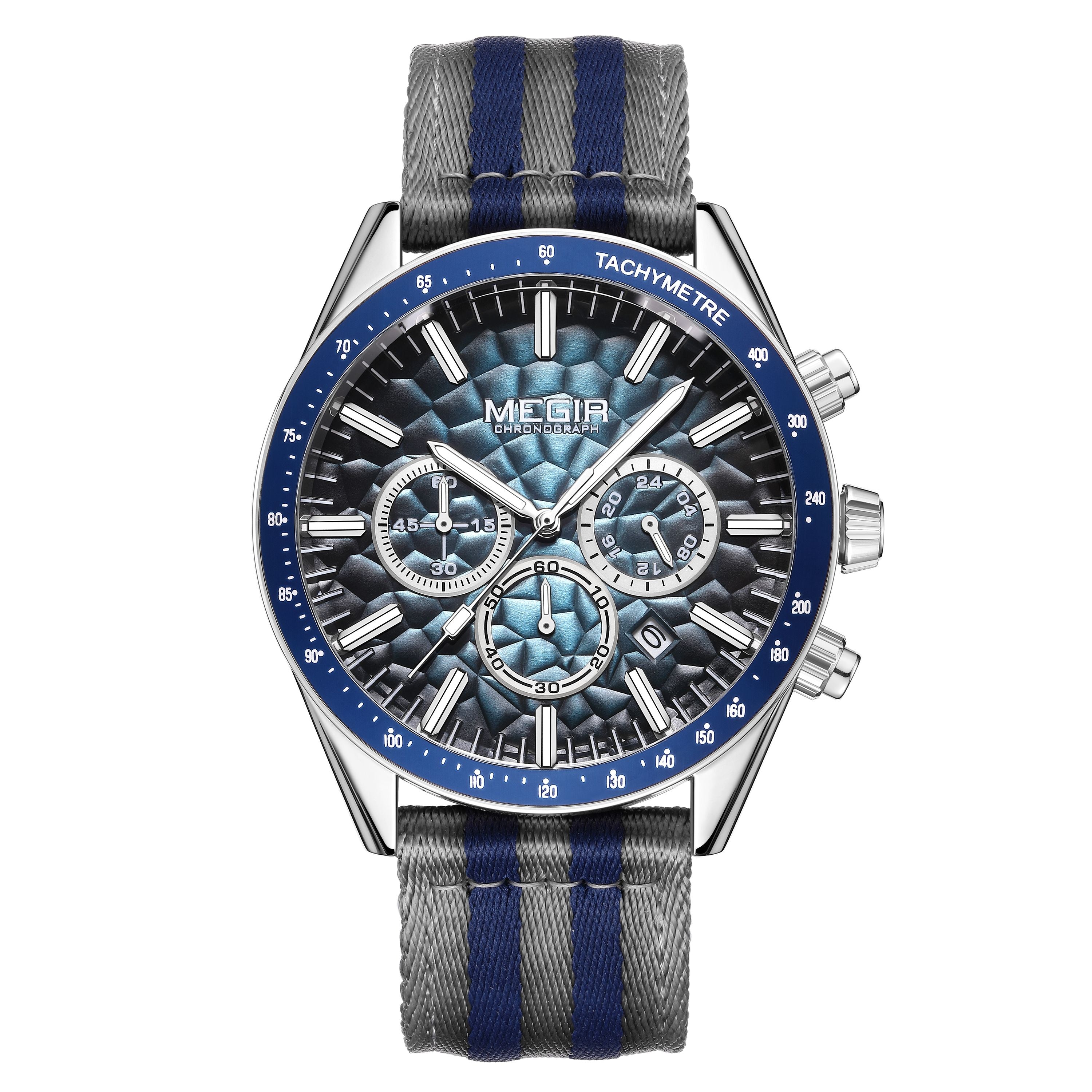 Men's Sport Chronograph Watch, Outdoor Casual Quartz Wristwatch, 3ATM Water Resistance, Striped Canvas Band, Date Display 8121