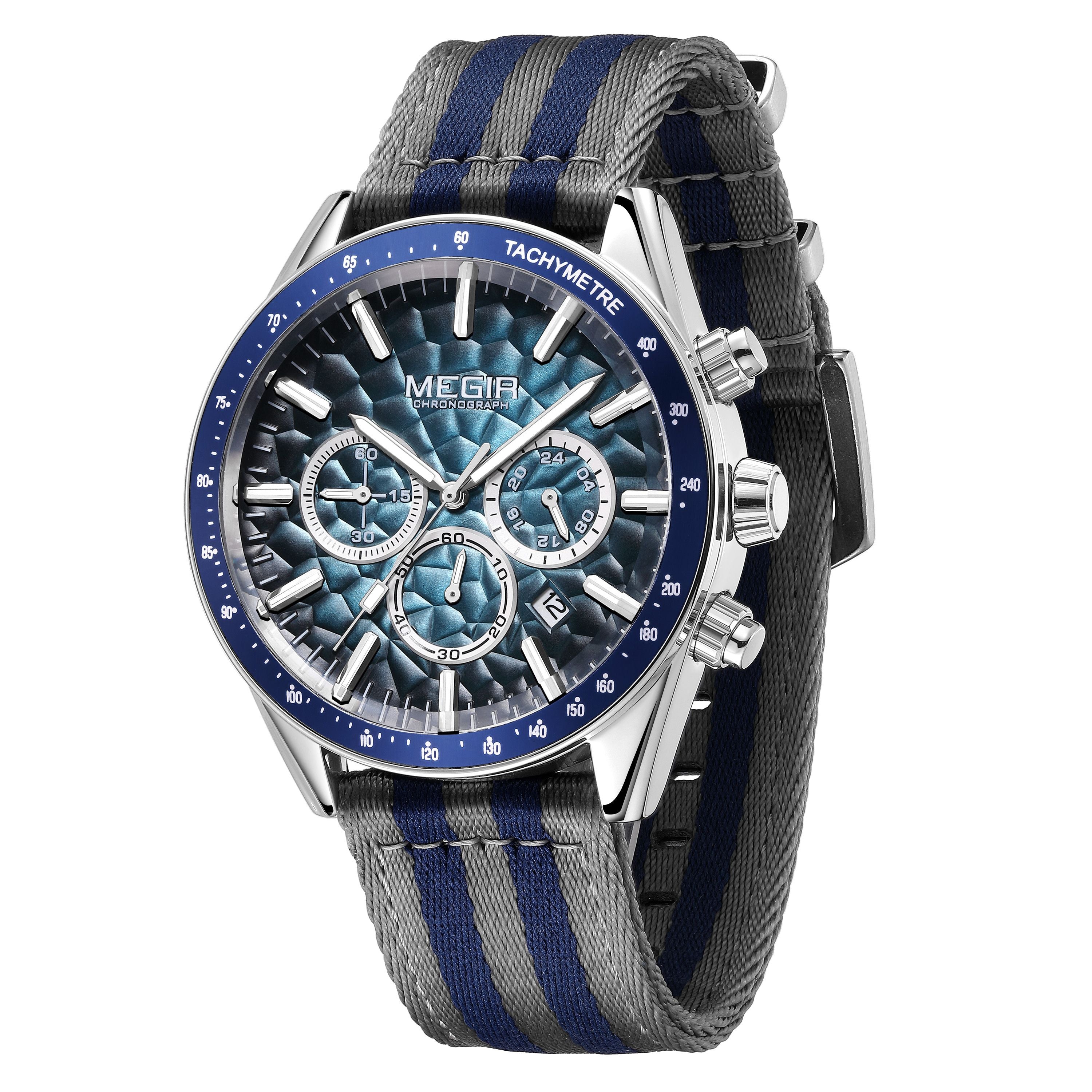 Men's Sport Chronograph Watch, Outdoor Casual Quartz Wristwatch, 3ATM Water Resistance, Striped Canvas Band, Date Display 8121