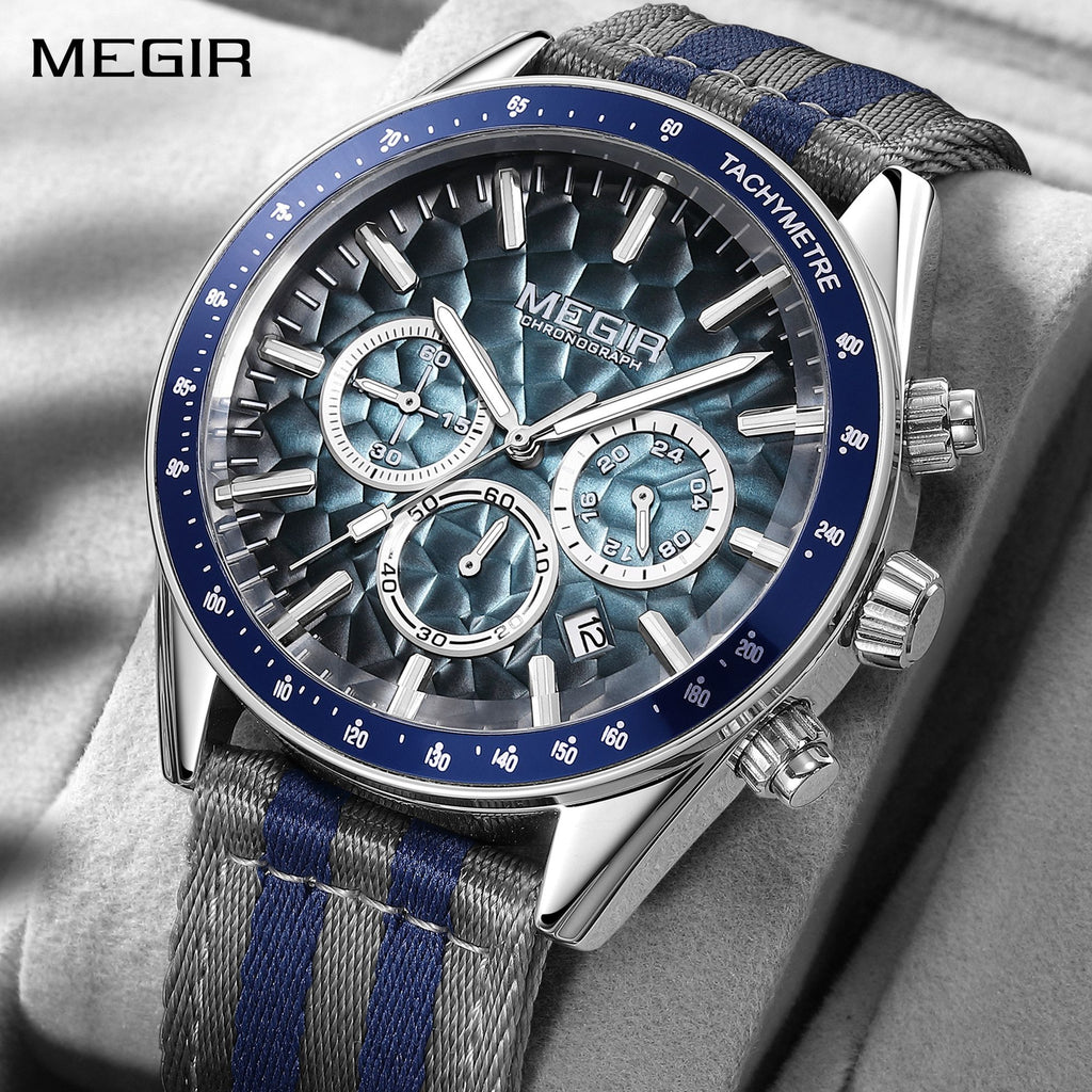 Men's Sport Chronograph Watch, Outdoor Casual Quartz Wristwatch, 3ATM Water Resistance, Striped Canvas Band, Date Display 8121