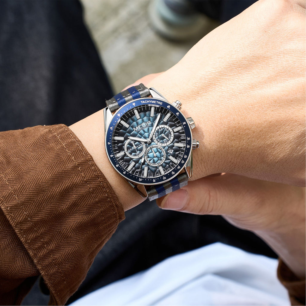 Men's Sport Chronograph Watch, Outdoor Casual Quartz Wristwatch, 3ATM Water Resistance, Striped Canvas Band, Date Display 8121
