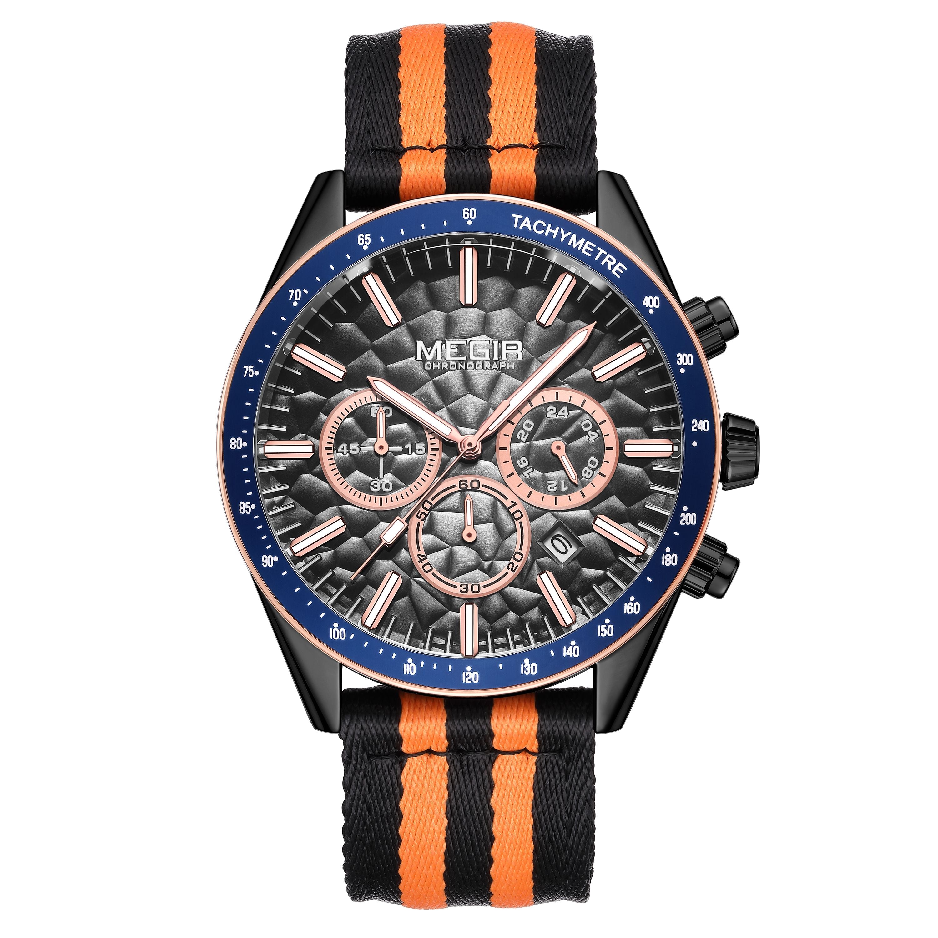 Men's Sport Chronograph Watch, Outdoor Casual Quartz Wristwatch, 3ATM Water Resistance, Striped Canvas Band, Date Display 8121