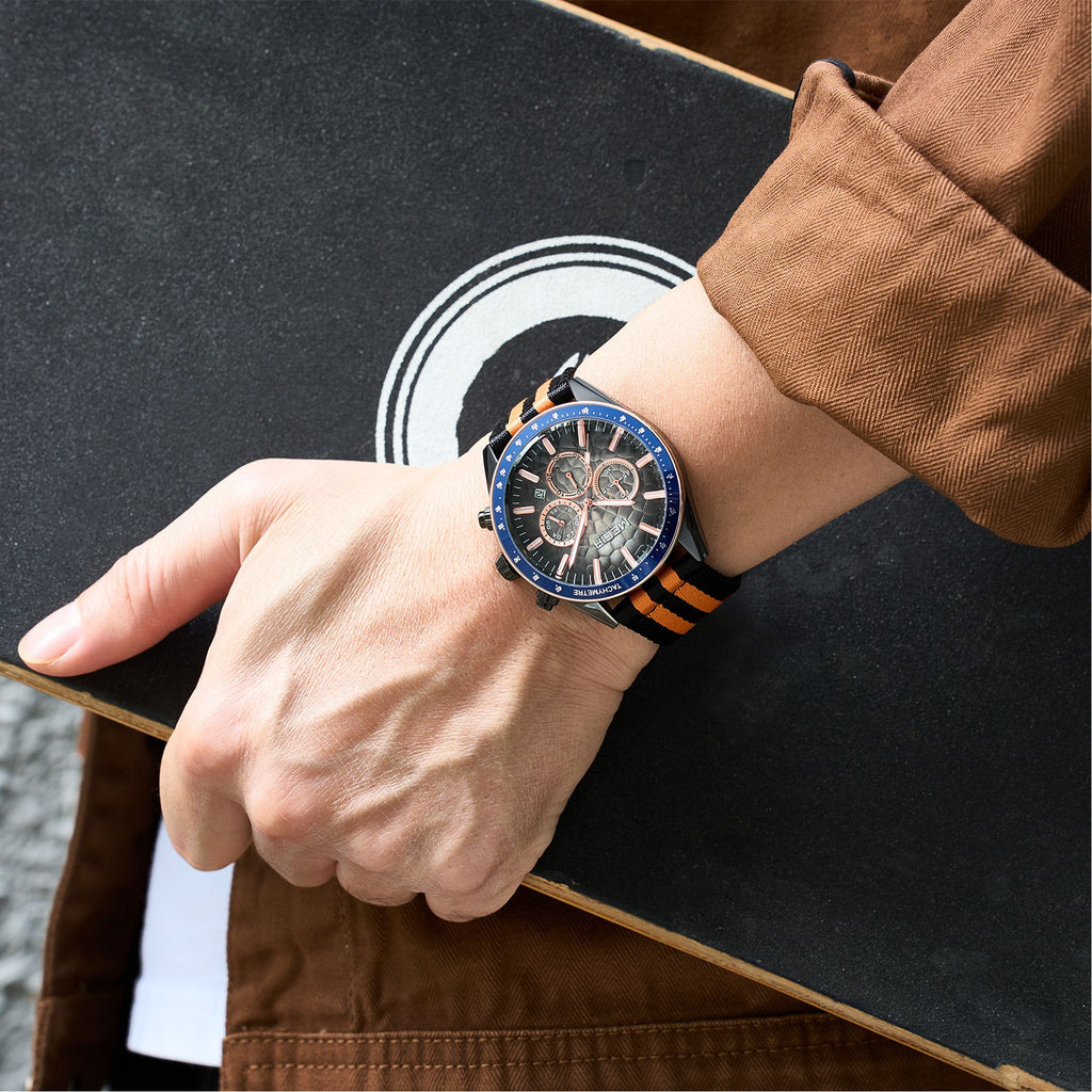 Men's Sport Chronograph Watch, Outdoor Casual Quartz Wristwatch, 3ATM Water Resistance, Striped Canvas Band, Date Display 8121