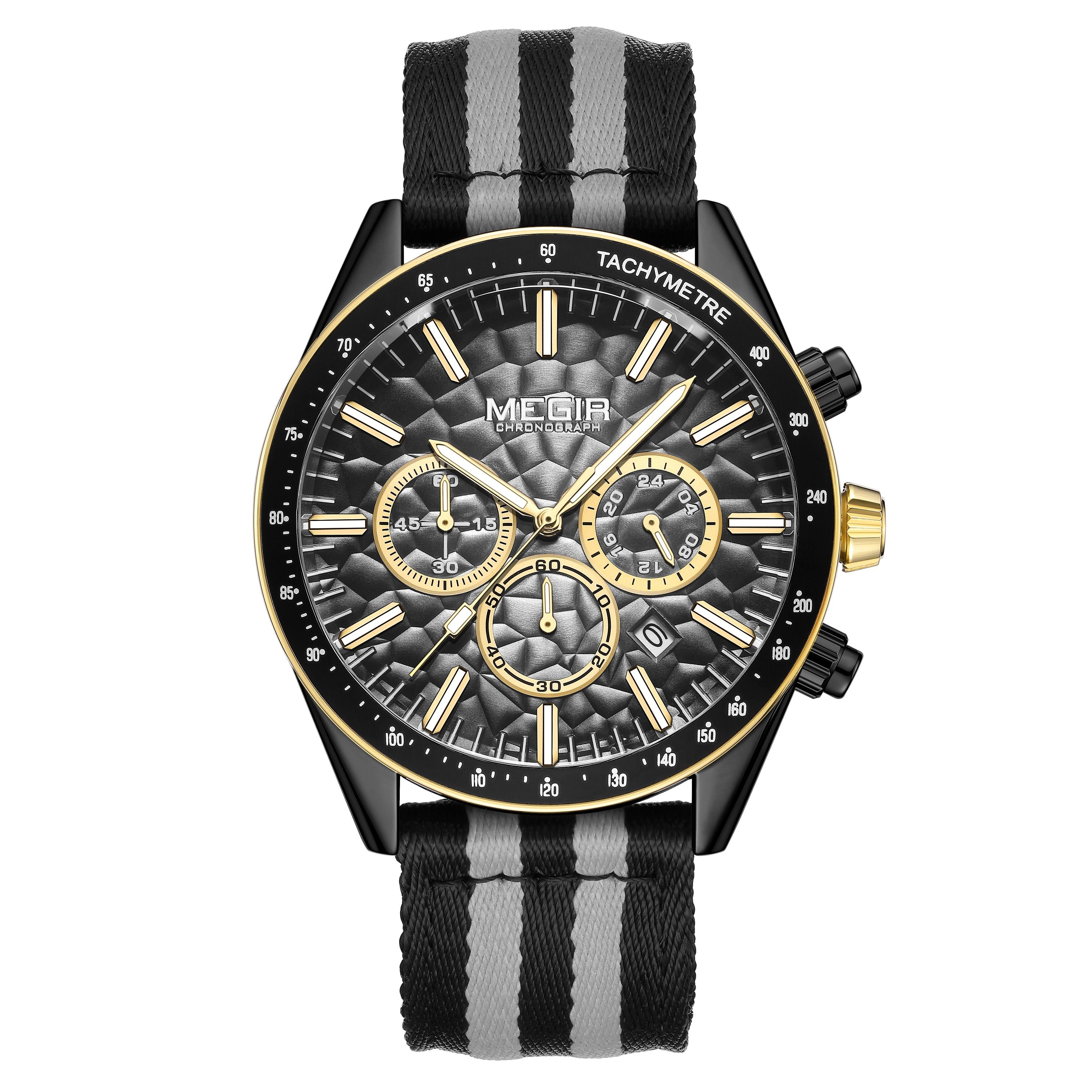 Men's Sport Chronograph Watch, Outdoor Casual Quartz Wristwatch, 3ATM Water Resistance, Striped Canvas Band, Date Display 8121