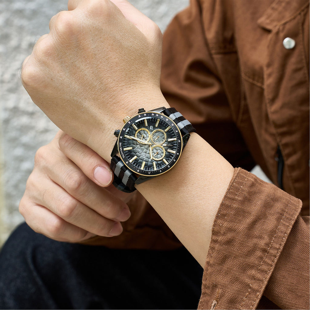 Men's Sport Chronograph Watch, Outdoor Casual Quartz Wristwatch, 3ATM Water Resistance, Striped Canvas Band, Date Display 8121