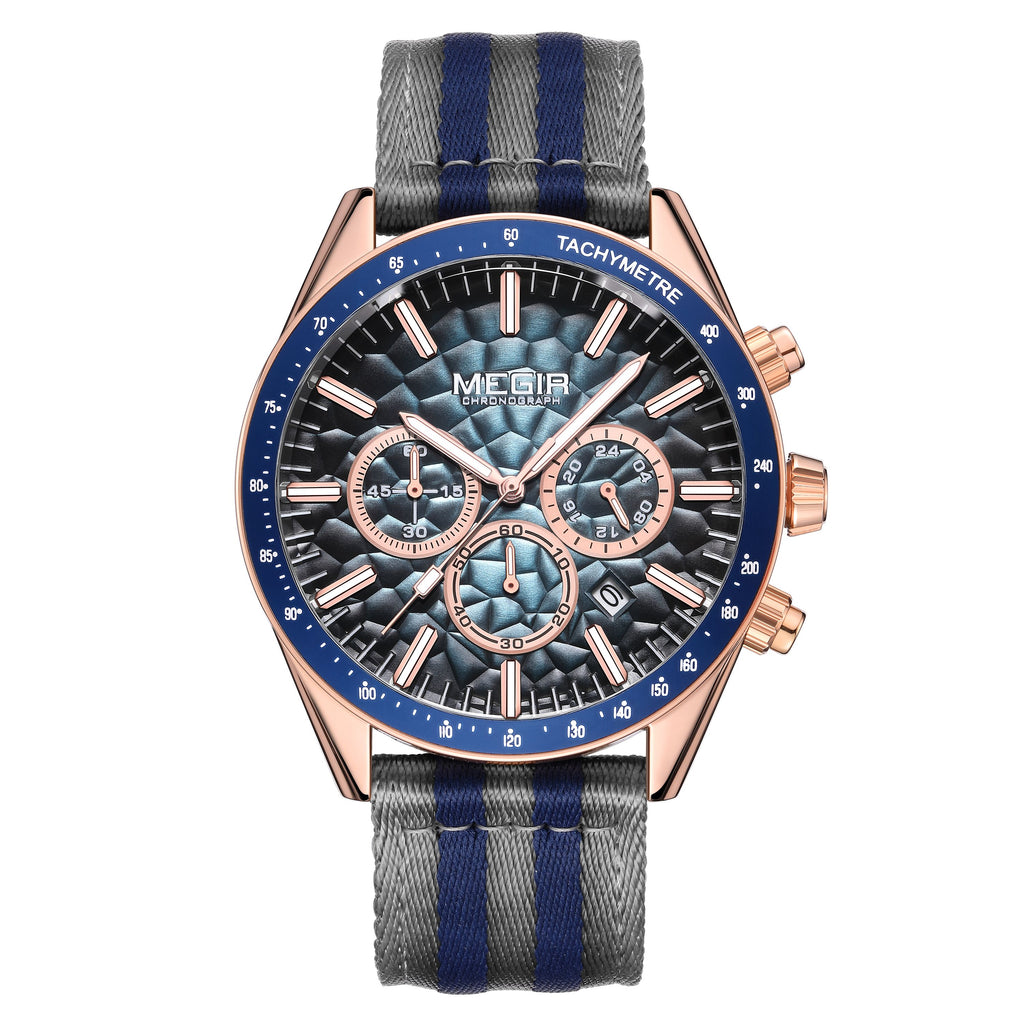 Men's Sport Chronograph Watch, Outdoor Casual Quartz Wristwatch, 3ATM Water Resistance, Striped Canvas Band, Date Display 8121