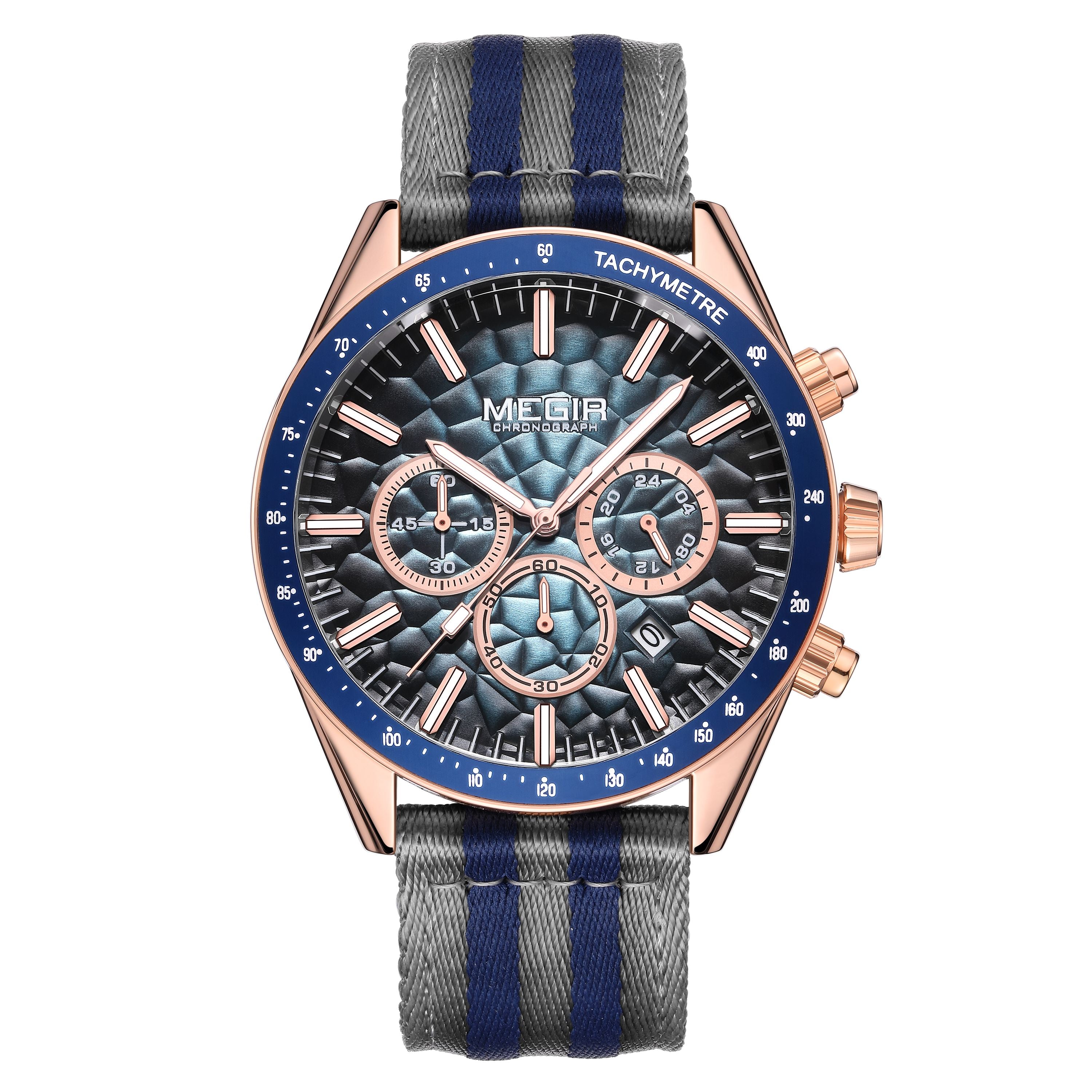 Men's Sport Chronograph Watch, Outdoor Casual Quartz Wristwatch, 3ATM Water Resistance, Striped Canvas Band, Date Display 8121