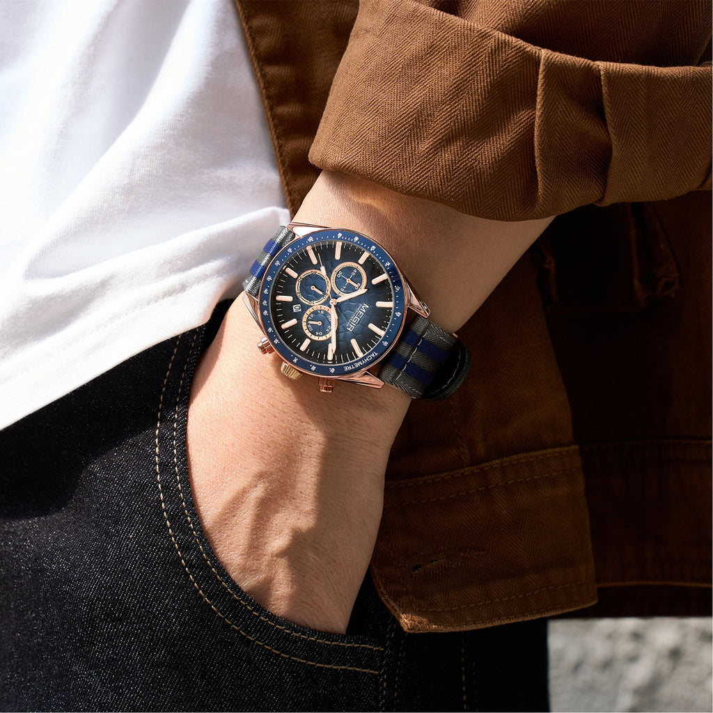 Men's Sport Chronograph Watch, Outdoor Casual Quartz Wristwatch, 3ATM Water Resistance, Striped Canvas Band, Date Display 8121