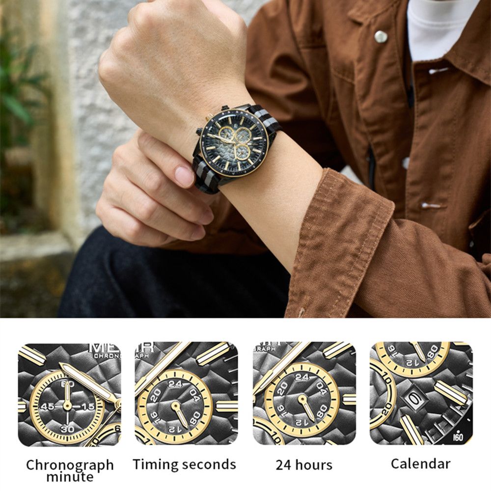 Men's Sport Chronograph Watch, Outdoor Casual Quartz Wristwatch, 3ATM Water Resistance, Striped Canvas Band, Date Display 8121