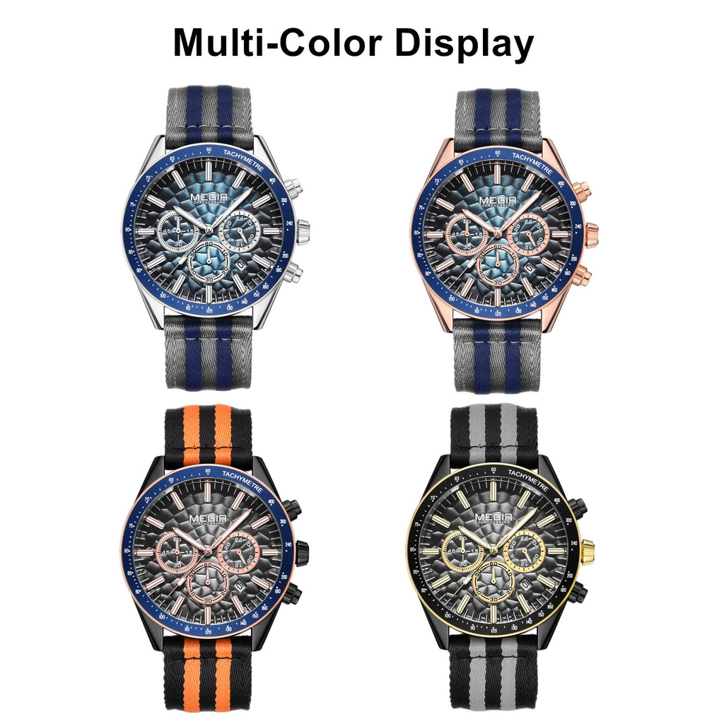 Men's Sport Chronograph Watch, Outdoor Casual Quartz Wristwatch, 3ATM Water Resistance, Striped Canvas Band, Date Display 8121
