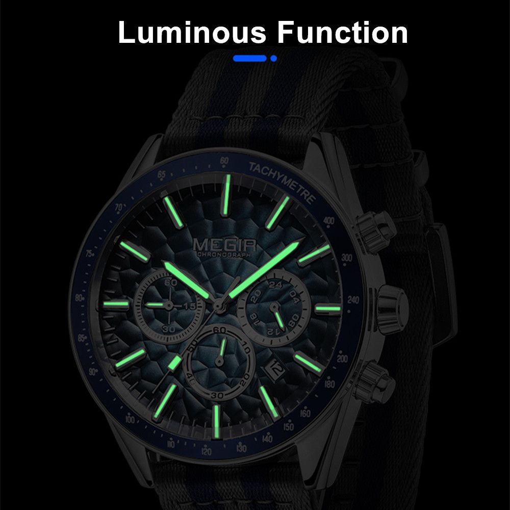 Men's Sport Chronograph Watch, Outdoor Casual Quartz Wristwatch, 3ATM Water Resistance, Striped Canvas Band, Date Display 8121