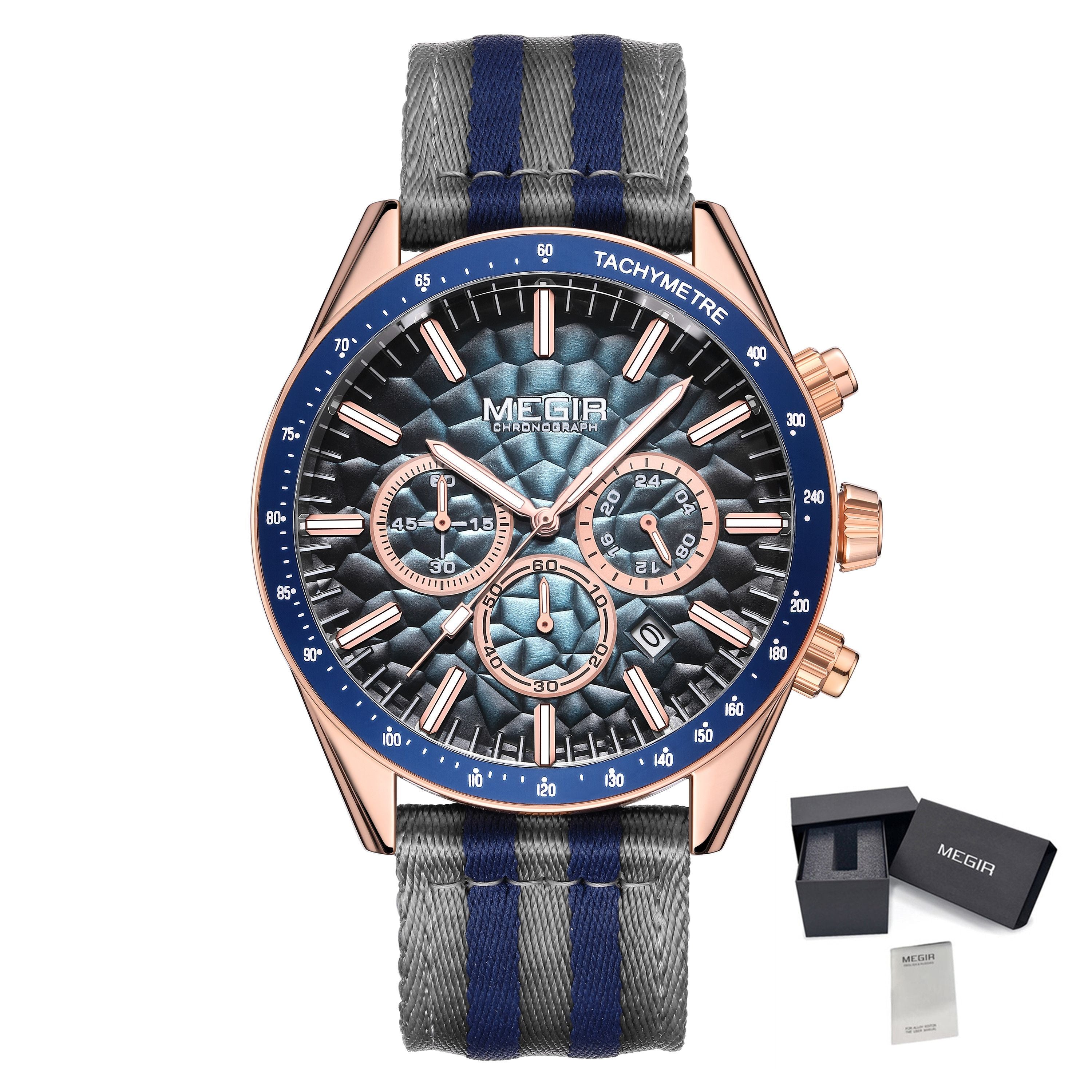 Men's Sport Chronograph Watch, Outdoor Casual Quartz Wristwatch, 3ATM Water Resistance, Striped Canvas Band, Date Display 8121