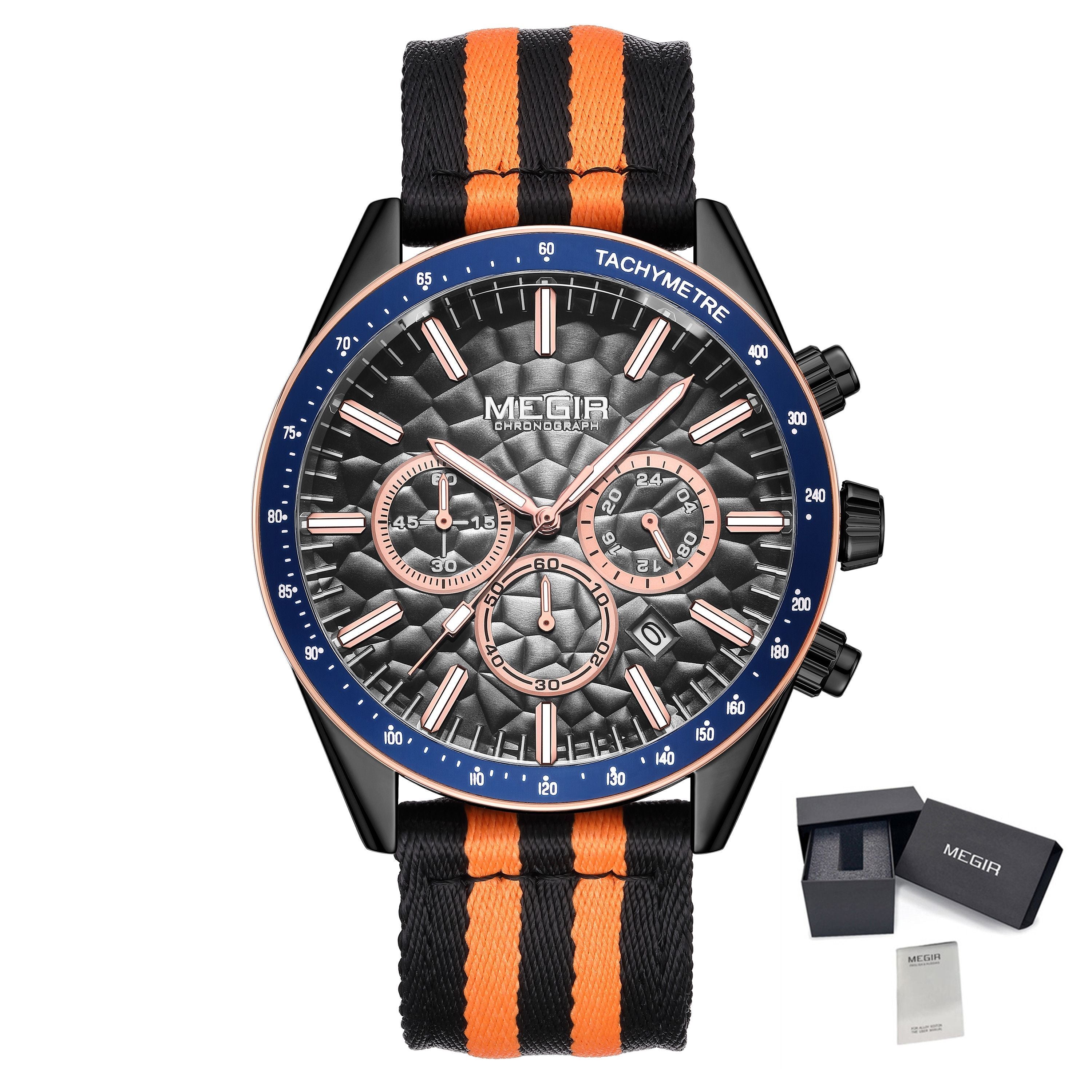 Men's Sport Chronograph Watch, Outdoor Casual Quartz Wristwatch, 3ATM Water Resistance, Striped Canvas Band, Date Display 8121