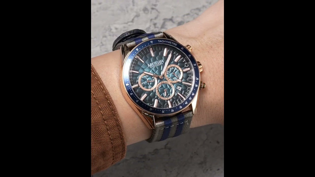Men's Sport Chronograph Watch, Outdoor Casual Quartz Wristwatch, 3ATM Water Resistance, Striped Canvas Band, Date Display 8121